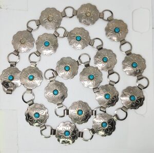 Vtg Native American Navajo Nickel Silver w Turquoise Skinny Concho Belt 32"